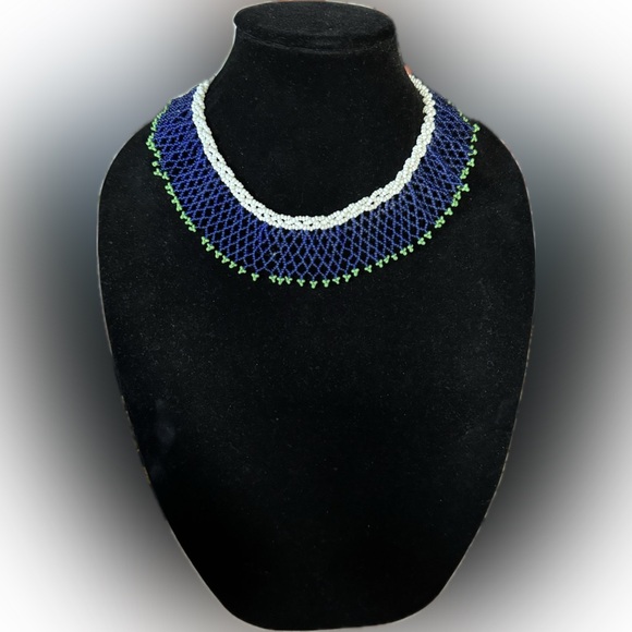 Native Am Beaded Neck Collar & button closure Blue, Green, White Handmade NWOT - Picture 3 of 7